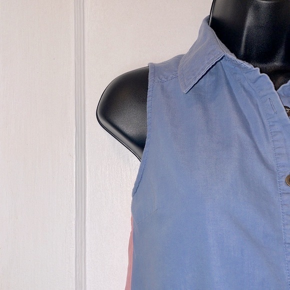 Last Kiss Denim & Sheer Button Down Sleeveless Long Flowy Blouse Top Pink Blue S - Picture 5 of 8
